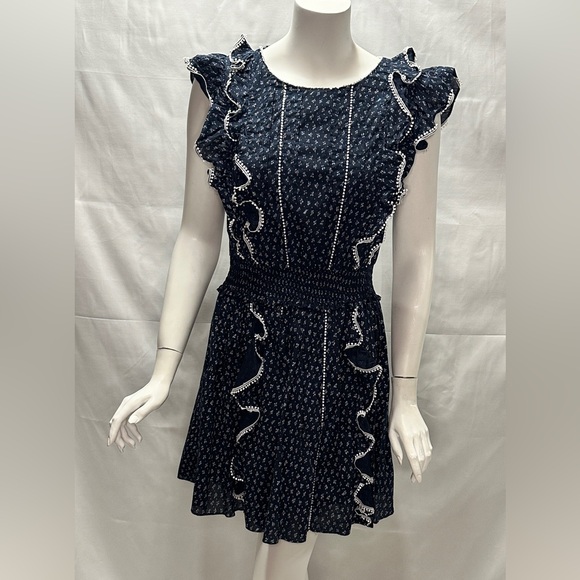La Vie Rebecca Taylor Navy Blue & White Short Ruffle Dress - Picture 2 of 12